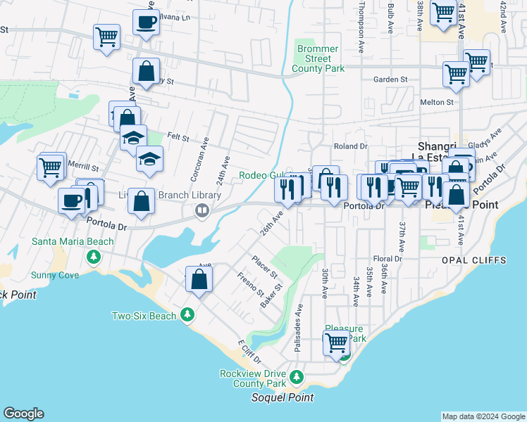map of restaurants, bars, coffee shops, grocery stores, and more near 649 26th Avenue in Santa Cruz