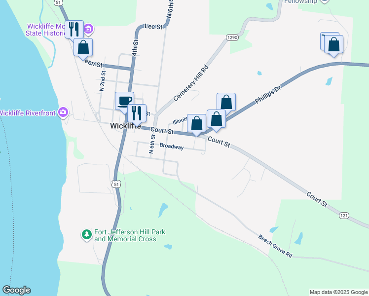 map of restaurants, bars, coffee shops, grocery stores, and more near 701 Broadway in Wickliffe