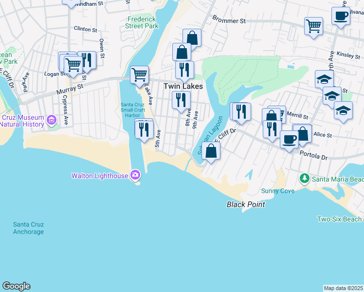 map of restaurants, bars, coffee shops, grocery stores, and more near 2727 East Cliff Drive in Santa Cruz