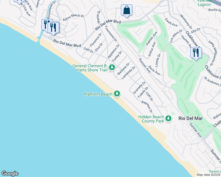 map of restaurants, bars, coffee shops, grocery stores, and more near 534 Beach Drive in Aptos