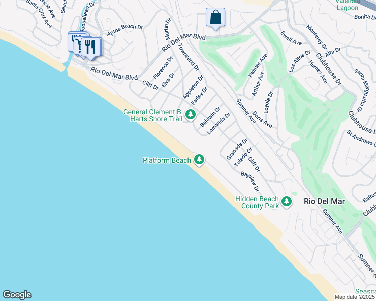 map of restaurants, bars, coffee shops, grocery stores, and more near 534 Beach Drive in Aptos