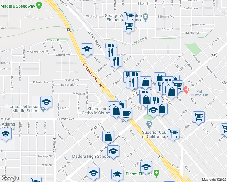 map of restaurants, bars, coffee shops, grocery stores, and more near 417 North H Street in Madera