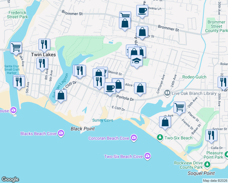 map of restaurants, bars, coffee shops, grocery stores, and more near 1632 Killdeer Place in Santa Cruz