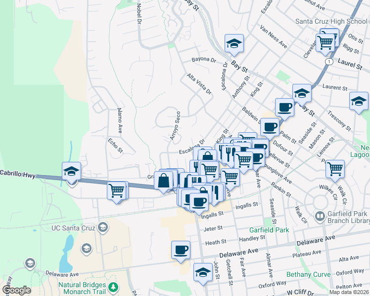 map of restaurants, bars, coffee shops, grocery stores, and more near 1612 Escalona Drive in Santa Cruz