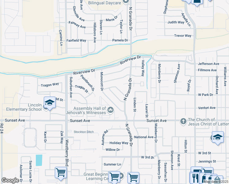 map of restaurants, bars, coffee shops, grocery stores, and more near 2719 Sandlewood Drive in Madera