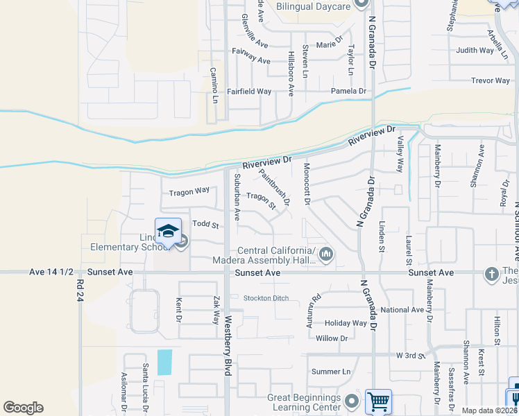 map of restaurants, bars, coffee shops, grocery stores, and more near 3227 Doubletree Way in Madera