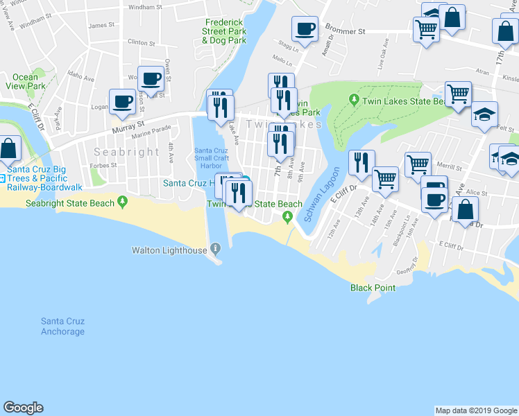 map of restaurants, bars, coffee shops, grocery stores, and more near 2615 East Cliff Drive in Santa Cruz
