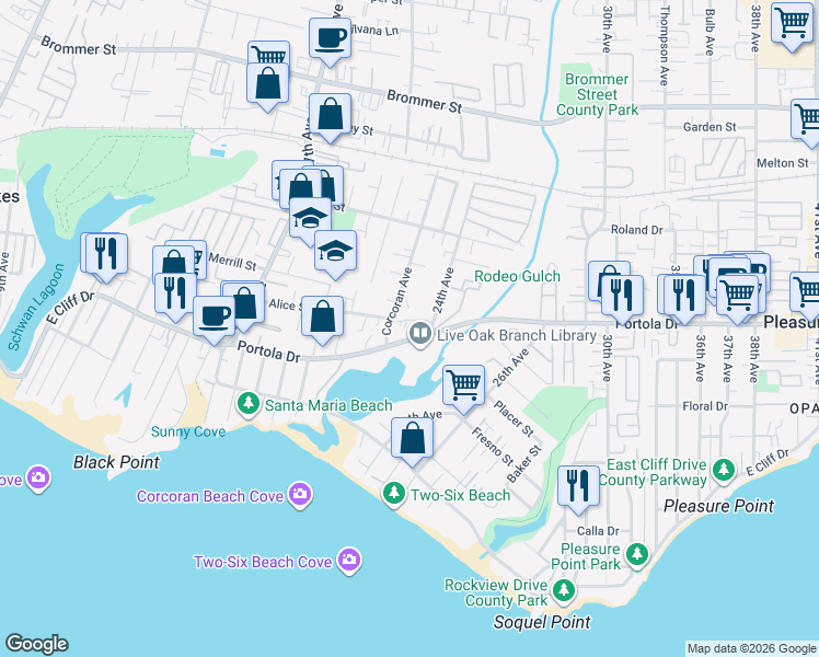 map of restaurants, bars, coffee shops, grocery stores, and more near 2333 Portola Drive in Santa Cruz