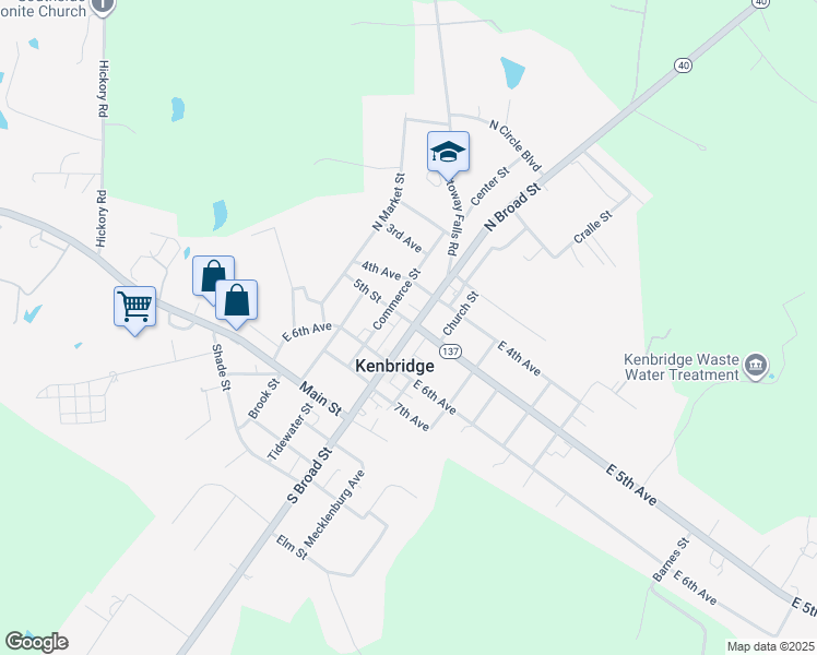 map of restaurants, bars, coffee shops, grocery stores, and more near 100 South Broad Street in Kenbridge