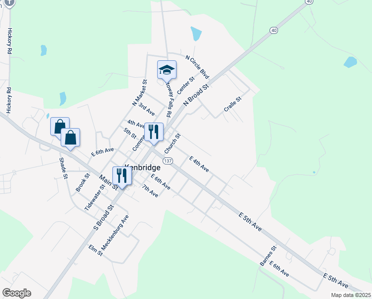 map of restaurants, bars, coffee shops, grocery stores, and more near 213 East 4th Avenue in Kenbridge