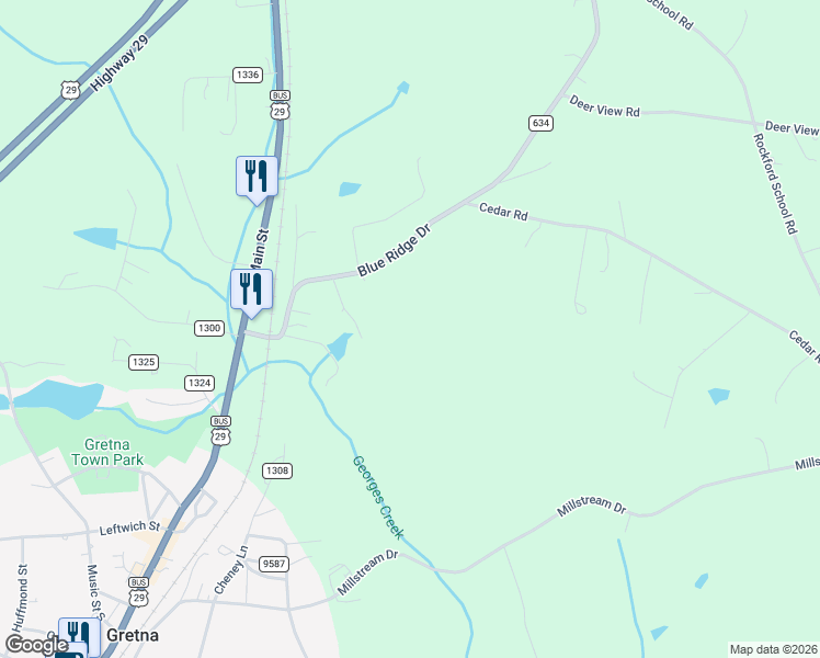 map of restaurants, bars, coffee shops, grocery stores, and more near 412 Blue Ridge Drive in Gretna