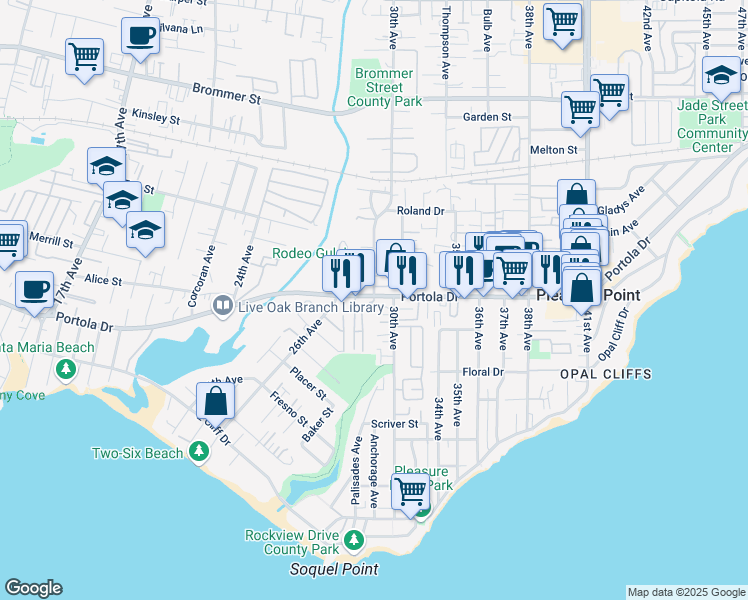 map of restaurants, bars, coffee shops, grocery stores, and more near 767 Samuel Street in Santa Cruz