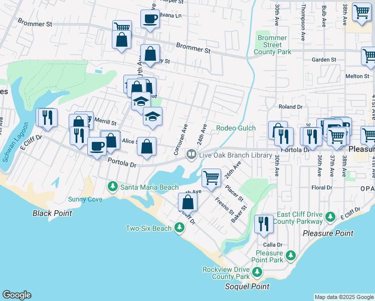 map of restaurants, bars, coffee shops, grocery stores, and more near 2333 Portola Drive in Santa Cruz