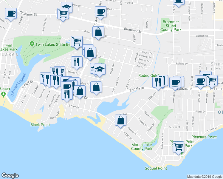 map of restaurants, bars, coffee shops, grocery stores, and more near 2333 Portola Drive in Santa Cruz
