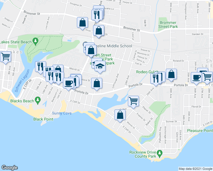 map of restaurants, bars, coffee shops, grocery stores, and more near 2201 Portola Drive in Santa Cruz