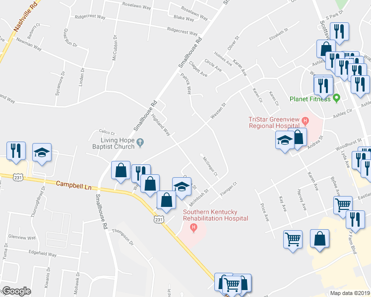 map of restaurants, bars, coffee shops, grocery stores, and more near 1616 Highland Way in Bowling Green