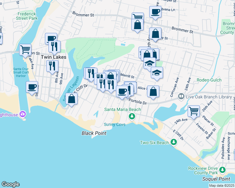 map of restaurants, bars, coffee shops, grocery stores, and more near 21601 East Cliff Drive in Santa Cruz