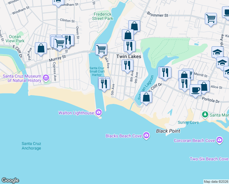 map of restaurants, bars, coffee shops, grocery stores, and more near 50 5th Avenue in Santa Cruz