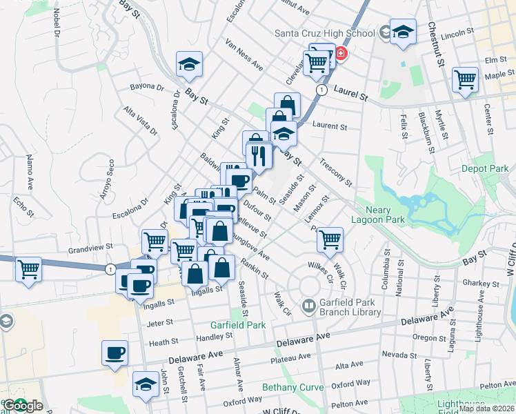 map of restaurants, bars, coffee shops, grocery stores, and more near 523 Dufour Street in Santa Cruz