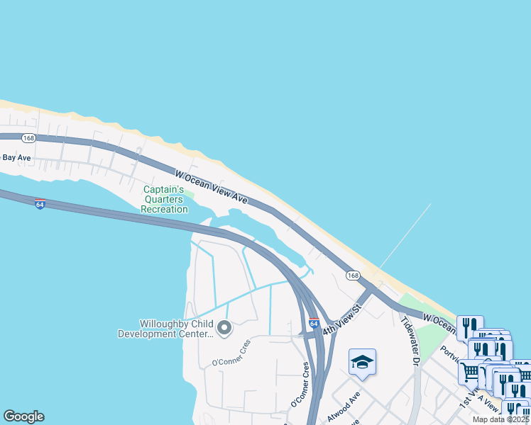 map of restaurants, bars, coffee shops, grocery stores, and more near 639 W Ocean View Ave in Norfolk