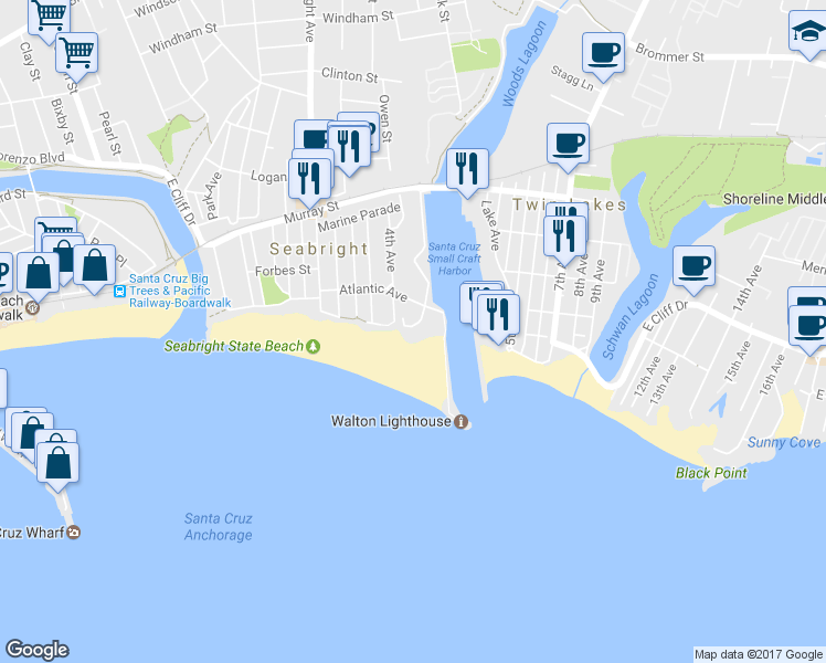 map of restaurants, bars, coffee shops, grocery stores, and more near 2014 East Cliff Drive in Santa Cruz