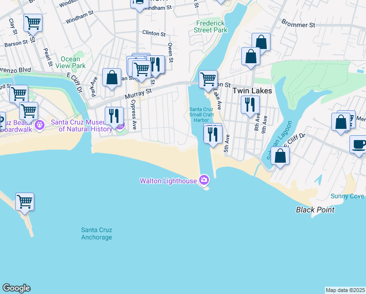 map of restaurants, bars, coffee shops, grocery stores, and more near 2014 East Cliff Drive in Santa Cruz