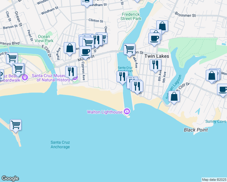 map of restaurants, bars, coffee shops, grocery stores, and more near 2014 East Cliff Drive in Santa Cruz