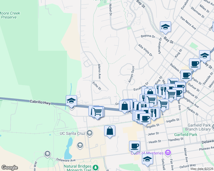 map of restaurants, bars, coffee shops, grocery stores, and more near 116 Wavecrest Avenue in Santa Cruz
