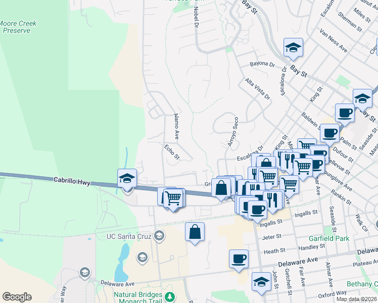 map of restaurants, bars, coffee shops, grocery stores, and more near 116 Wavecrest Avenue in Santa Cruz