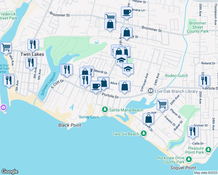map of restaurants, bars, coffee shops, grocery stores, and more near 1735 Matthews Lane in Santa Cruz
