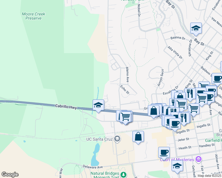map of restaurants, bars, coffee shops, grocery stores, and more near 624 Southview Terrace in Santa Cruz