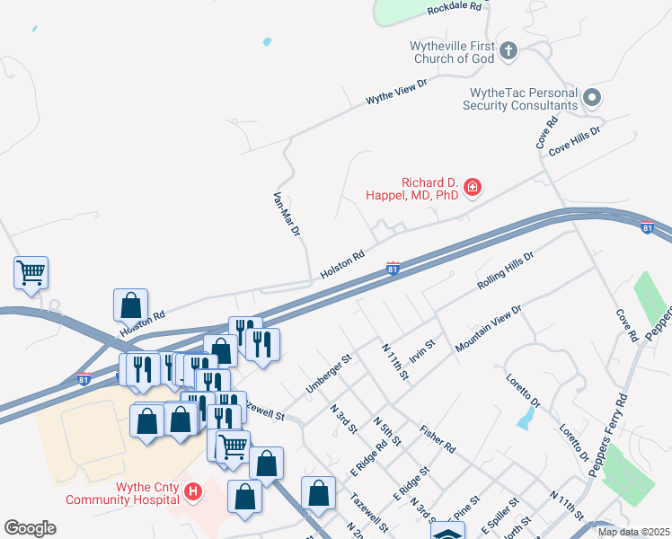 map of restaurants, bars, coffee shops, grocery stores, and more near Holston Road in Wytheville