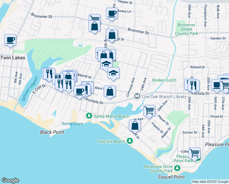 map of restaurants, bars, coffee shops, grocery stores, and more near 2040 Alice Street in Santa Cruz