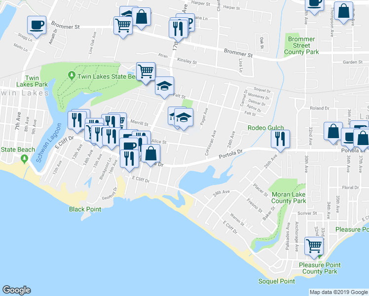 map of restaurants, bars, coffee shops, grocery stores, and more near 2121 Portola Drive in Santa Cruz