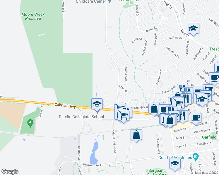 map of restaurants, bars, coffee shops, grocery stores, and more near 624 Southview Terrace in Santa Cruz