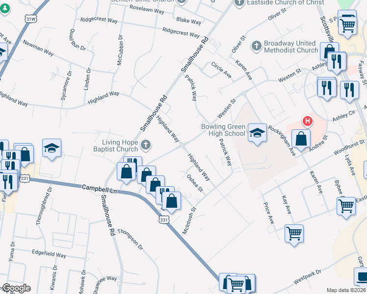 map of restaurants, bars, coffee shops, grocery stores, and more near 1605 Highland Way in Bowling Green