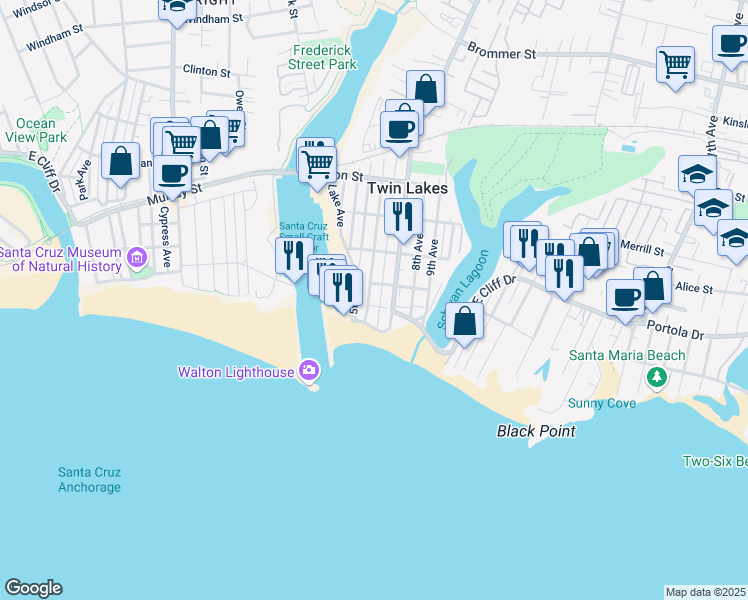 map of restaurants, bars, coffee shops, grocery stores, and more near 120 6th Avenue in Santa Cruz