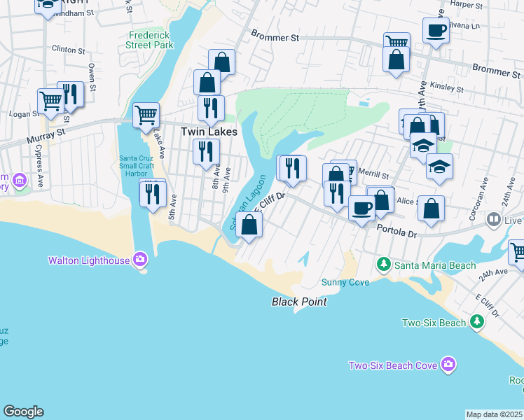 map of restaurants, bars, coffee shops, grocery stores, and more near 21130 East Cliff Drive in Santa Cruz
