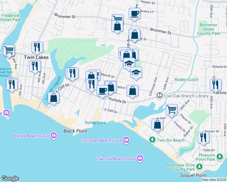 map of restaurants, bars, coffee shops, grocery stores, and more near 1701 Portola Drive in Santa Cruz
