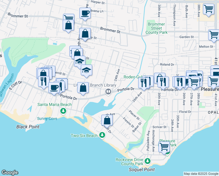 map of restaurants, bars, coffee shops, grocery stores, and more near 2333 Portola Drive in Santa Cruz