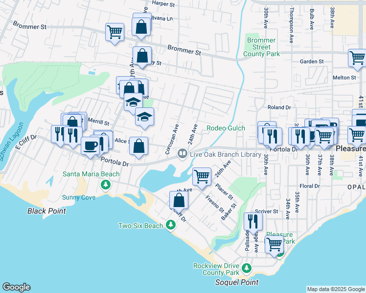 map of restaurants, bars, coffee shops, grocery stores, and more near 2333 Portola Drive in Santa Cruz