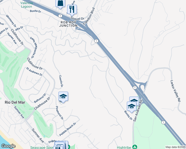 map of restaurants, bars, coffee shops, grocery stores, and more near 125 Zanzibar Drive in Aptos