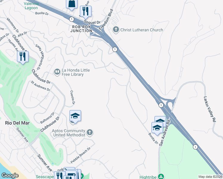 map of restaurants, bars, coffee shops, grocery stores, and more near 125 Zanzibar Drive in Aptos