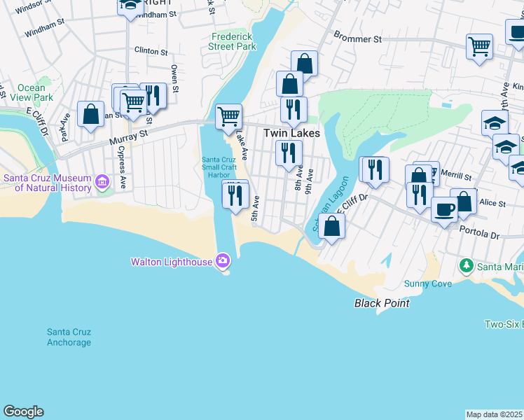 map of restaurants, bars, coffee shops, grocery stores, and more near 121 6th Avenue in Santa Cruz