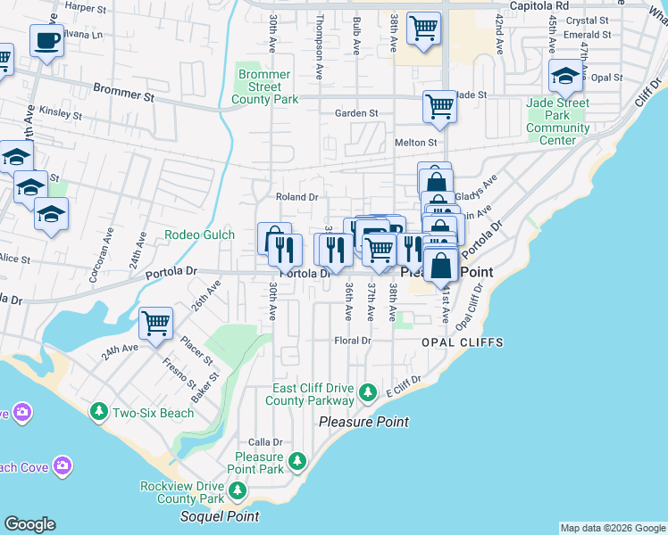 map of restaurants, bars, coffee shops, grocery stores, and more near 3320 Portola Drive in Santa Cruz
