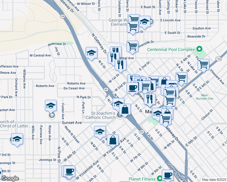 map of restaurants, bars, coffee shops, grocery stores, and more near 417 North H Street in Madera