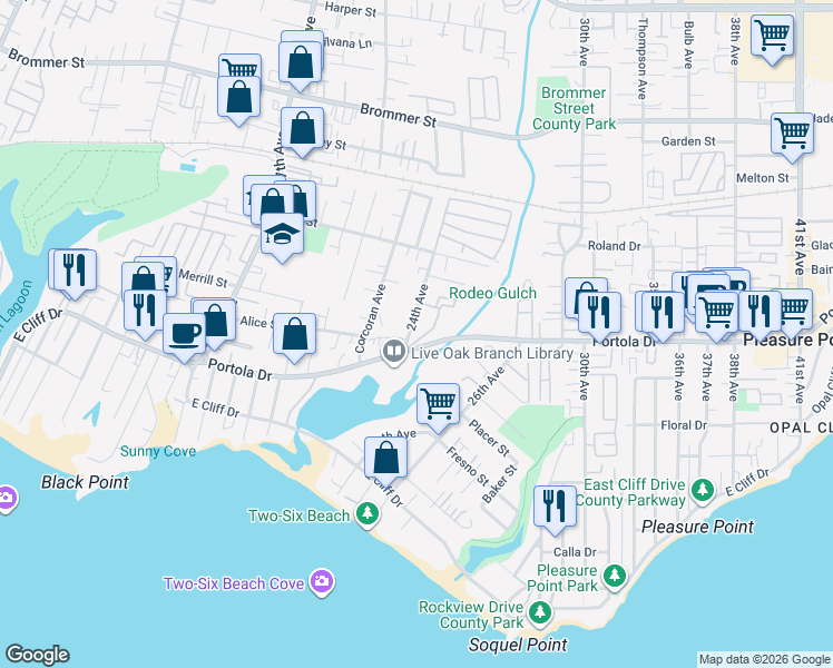 map of restaurants, bars, coffee shops, grocery stores, and more near 656 24th Avenue in Santa Cruz