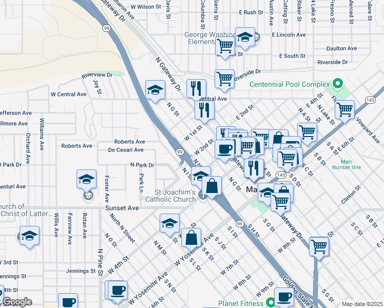 map of restaurants, bars, coffee shops, grocery stores, and more near 417 North H Street in Madera