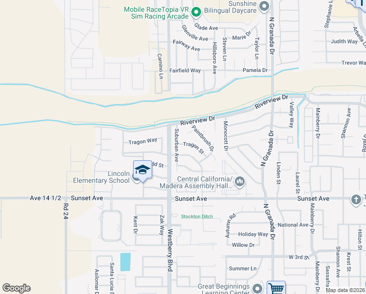 map of restaurants, bars, coffee shops, grocery stores, and more near 3282 Doubletree Way in Madera