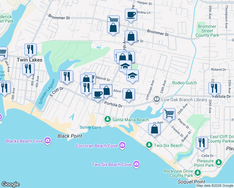map of restaurants, bars, coffee shops, grocery stores, and more near 1796 Matthews Lane in Santa Cruz